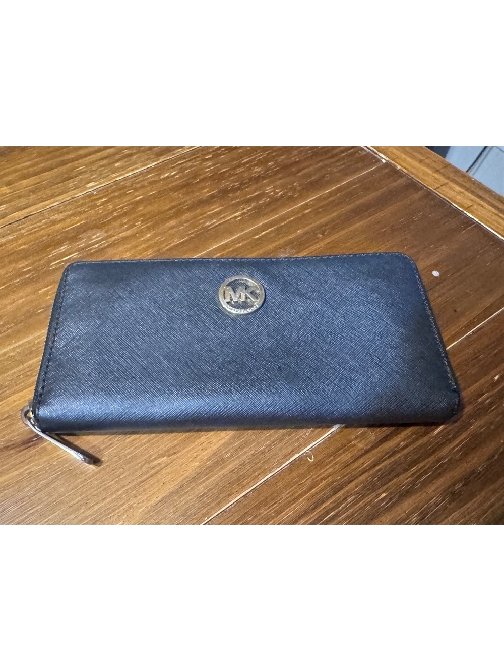 Michael Kors Black Saffiano Zip Around Continental Wallet Gold Tone MK Logo